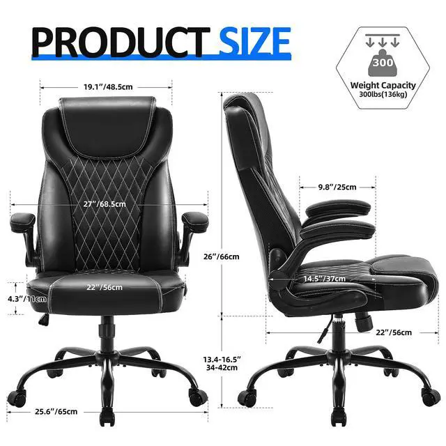Alt view image 2 of 6 - amseatec Office Chair with Flip-Up Arms, Ergonomic PU Leather Executive Desk Chair with 90°Lock & Rocking Function, Lumbar Support Swivel Computer Chair for Home Office, Oversized 300lbs (Black