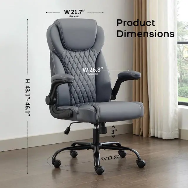 Alt view image 2 of 7 - amseatec Office Chair with Flip-Up Arms, Ergonomic PU Leather Executive Desk Chair with 90°Lock & Rocking Function, Lumbar Support Swivel Computer Chair for Home Office, Oversized 300lbs (Gray