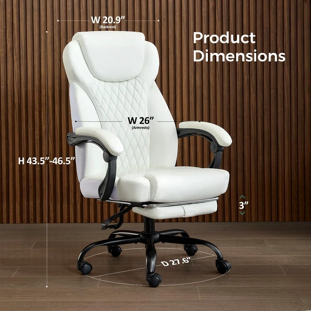 Alt view image 2 of 7 - amseatec Office Chair, Big and Tall Office Chair with Foot Rest Ergonomic Chair Home Office Desk Chairs Reclining High Back Leather Chair with Lumbar Support(White)