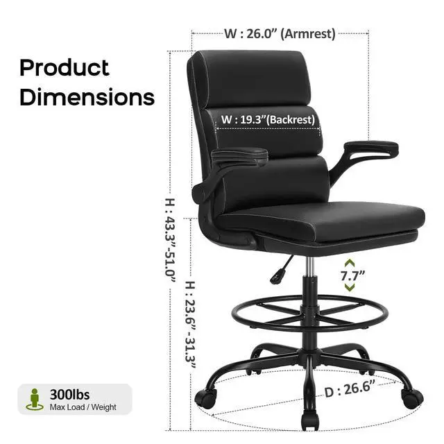 Alt view image 2 of 6 - Drafting Chair Tall Office Chair with Padded Flip-up Armrests Executive Ergonomic Computer Standing Desk Chair with Comfortable Leather Backrest and Adjustable Footrest Ring (Black)