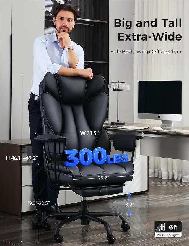 Alt view image 3 of 6 - amseatec Big and Tall Office Desk Chair - Wide Ergonomic Executive with Footrest, High Back Lumbar Support Reclining Gaming Computer Chair for Heavy People (Black)