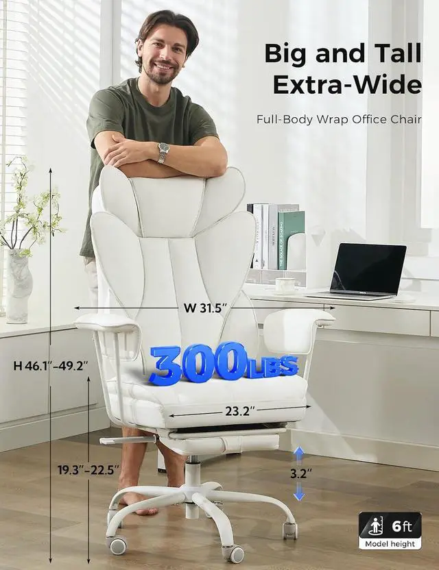 Alt view image 2 of 6 - amseatec Big and Tall Office Desk Chair - Wide Ergonomic Executive with Footrest, High Back Lumbar Support Reclining Gaming Computer Chair for Heavy People (White)