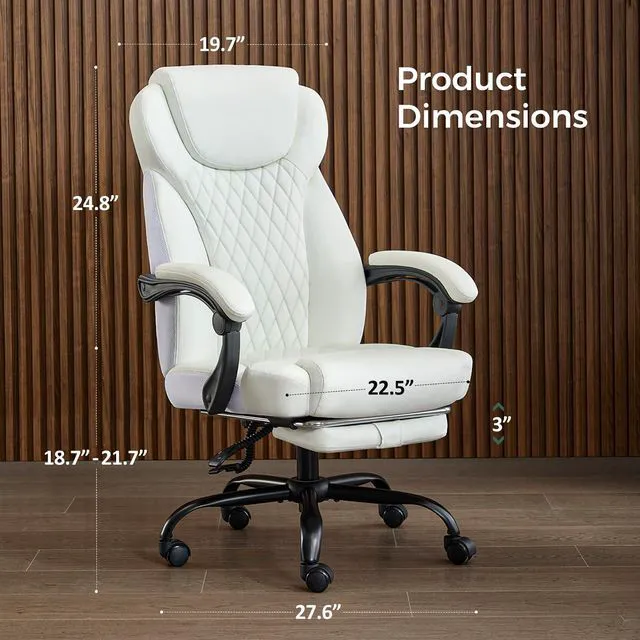 Alt view image 2 of 7 - amseatec Office Chair, Big and Tall Office Chair with Foot Rest Ergonomic Chair Home Office Desk Chairs Reclining High Back Leather Chair with Lumbar Support(White)