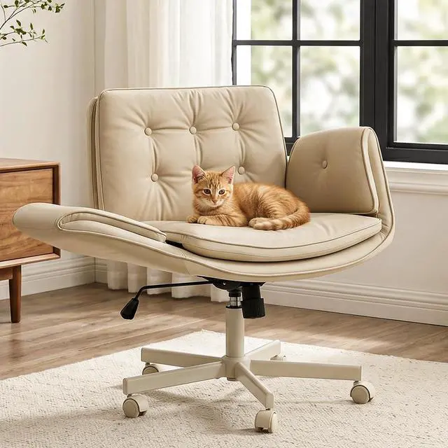 Main image of amseatec Criss Cross Office Chair, PU Leather Vanity Chair with 5-Level Adjustable Armrests & Swivel, Ergonomic Criss Cross Chair for Home Office Bedroom MakeupCream White