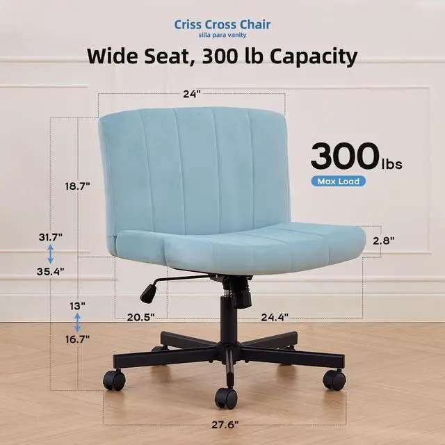 Alt view image 2 of 7 - amseatec Criss Cross Chair, Wide Cross Legged Desk Chair with Wheels, Comfy Fabric Vanity Chair for Home Office, Adjustable Armless Swivel Task Chair with 90115°Tilt300Lbs/Blue