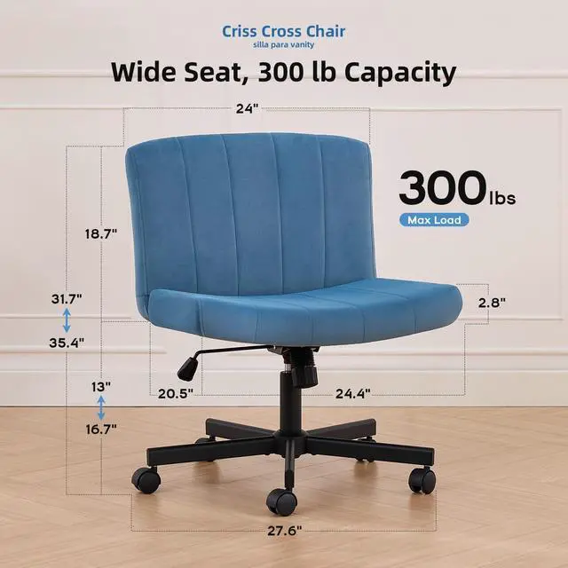 Alt view image 2 of 7 - amseatec Criss Cross Chair, Wide Cross Legged Desk Chair with Wheels, Comfy Fabric Vanity Chair for Home Office, Adjustable Armless Swivel Task Chair with 90115°Tilt300Lbs/Navy