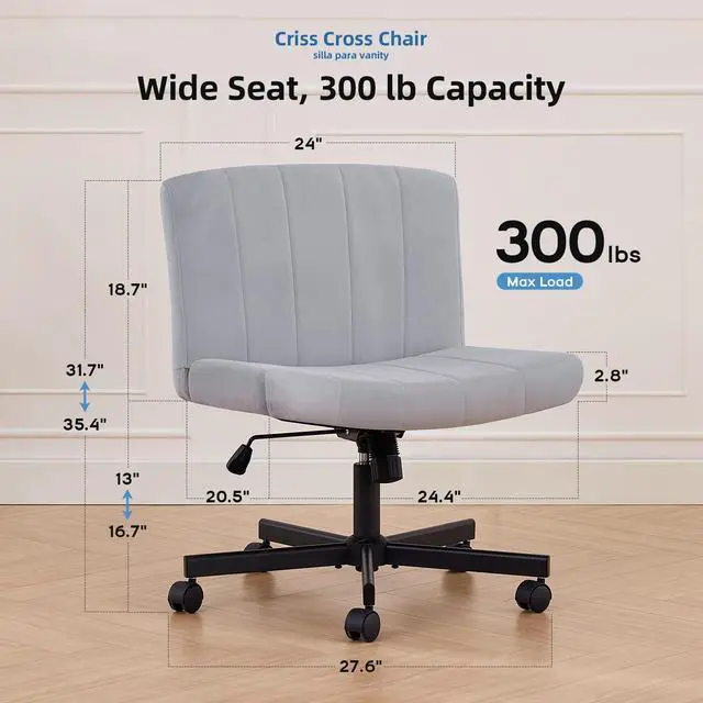 Alt view image 2 of 7 - amseatec Criss Cross Chair, Wide Cross Legged Desk Chair with Wheels, Comfy Fabric Vanity Chair for Home Office, Adjustable Armless Swivel Task Chair with 90115°Tilt300Lbs/Gray