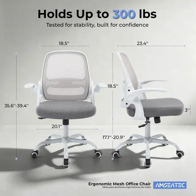 Alt view image 2 of 7 - Ergonomic Mesh Office Chair for Home Office, Flip-Up Arms, Breathable Mesh Back & Thick Seat Cushion, Swivel Rolling Computer Desk Chair BIFMA Certified, Supports 300 lbs (White Frame/Gray Seat)