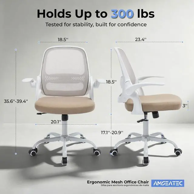 Alt view image 2 of 7 - Ergonomic Mesh Office Chair for Home Office, Flip-Up Arms, Breathable Mesh Back & Thick Seat Cushion, Swivel Rolling Computer Desk Chair BIFMA Certified, Supports 300 lbs (White Frame/Beige Seat)