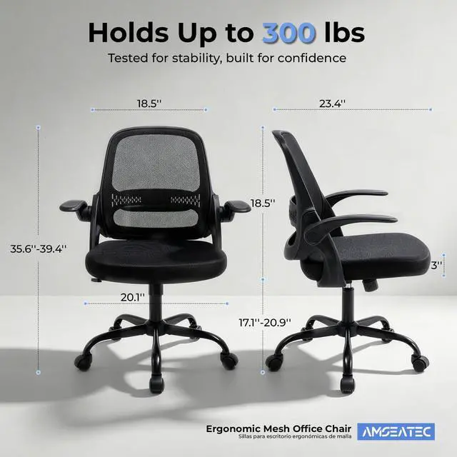 Alt view image 2 of 7 - Ergonomic Mesh Office Chair for Home Office, Flip-Up Arms, Breathable Mesh Back & Thick Seat Cushion, Swivel Rolling Computer Desk Chair, BIFMA Certified, Supports 300 lbs (Black Frame/Black Seat)