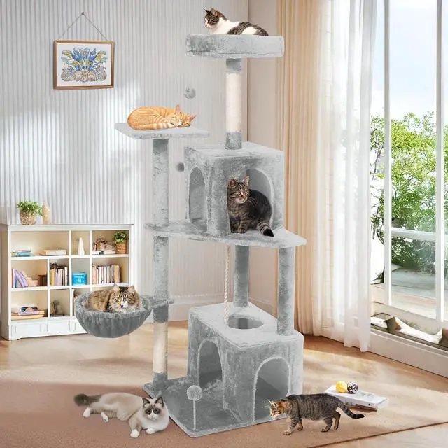 Main image of Cat Tree, 54-Inch Cat Tower for Indoor Cats,Plush Multi-Level Cat Condo with Scratching Posts, Basket, Perches, Caves, Pompoms(Light Gray)