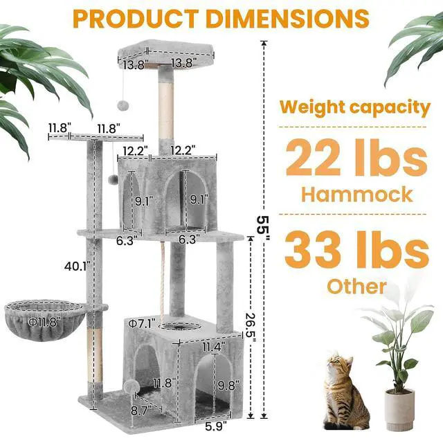 Alt view image 2 of 7 - Cat Tree, 54-Inch Cat Tower for Indoor Cats,Plush Multi-Level Cat Condo with Scratching Posts, Basket, Perches, Caves, Pompoms(Light Gray)