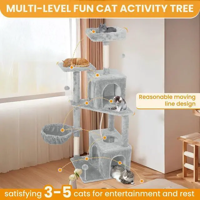 Alt view image 3 of 7 - Cat Tree, 54-Inch Cat Tower for Indoor Cats,Plush Multi-Level Cat Condo with Scratching Posts, Basket, Perches, Caves, Pompoms(Light Gray)