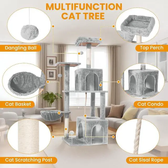 Alt view image 4 of 7 - Cat Tree, 54-Inch Cat Tower for Indoor Cats,Plush Multi-Level Cat Condo with Scratching Posts, Basket, Perches, Caves, Pompoms(Light Gray)
