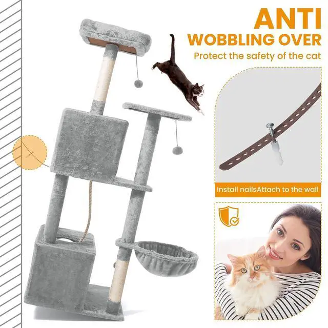 Alt view image 6 of 7 - Cat Tree, 54-Inch Cat Tower for Indoor Cats,Plush Multi-Level Cat Condo with Scratching Posts, Basket, Perches, Caves, Pompoms(Light Gray)