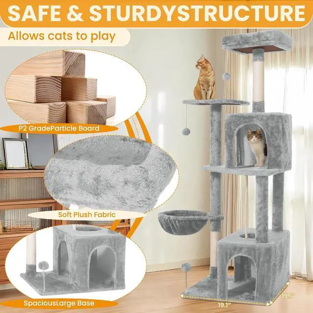 Alt view image 5 of 7 - Cat Tree, 54-Inch Cat Tower for Indoor Cats,Plush Multi-Level Cat Condo with Scratching Posts, Basket, Perches, Caves, Pompoms(Light Gray)