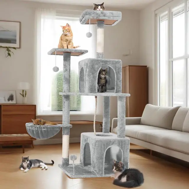Alt view image 7 of 7 - Cat Tree, 54-Inch Cat Tower for Indoor Cats,Plush Multi-Level Cat Condo with Scratching Posts, Basket, Perches, Caves, Pompoms(Light Gray)