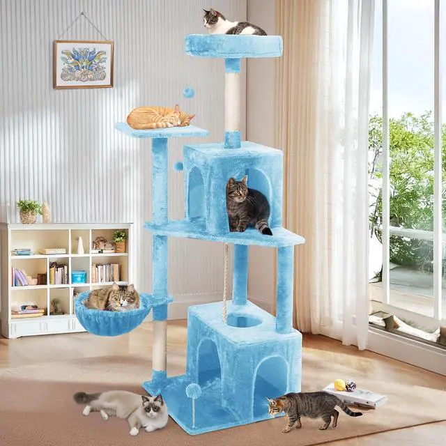 Alt view image 7 of 7 - 54-Inch Cat Tree Tower with 2 Caves & 2 Pompoms - Multi-Level Tower for Indoor Cats, Soft Plush Condo with Scratching Posts - Sturdy Base for Large Cats(Blue)