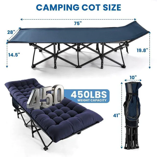 Alt view image 2 of 7 - Camping Cot for Adults, Heavy-Duty Folding Cots with Thick Mattress, 1200D Double-Layer Oxford Portable Compact Sleeping Bed for Indoor & Outdoor, Travel, Home Office Nap (Navy Blue Thick)