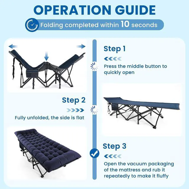 Alt view image 3 of 7 - Camping Cot for Adults, Heavy-Duty Folding Cots with Thick Mattress, 1200D Double-Layer Oxford Portable Compact Sleeping Bed for Indoor & Outdoor, Travel, Home Office Nap (Navy Blue Thick)