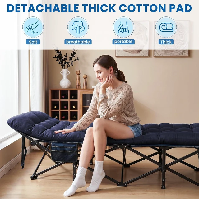 Alt view image 4 of 7 - Camping Cot for Adults, Heavy-Duty Folding Cots with Thick Mattress, 1200D Double-Layer Oxford Portable Compact Sleeping Bed for Indoor & Outdoor, Travel, Home Office Nap (Navy Blue Thick)