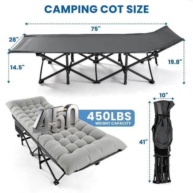 Alt view image 2 of 7 - Camping Cot for Adults, Heavy-Duty Folding Cots with Thick Mattress, 1200D Double-Layer Oxford Portable Compact Sleeping Bed for Indoor & Outdoor, Travel, Home Office Nap (Fog Grey Thick)