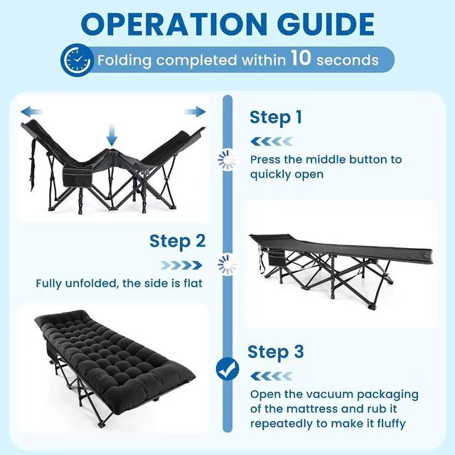 Alt view image 5 of 7 - Camping Cot for Adults, Heavy-Duty Folding Cots with Thick Mattress, 1200D Double-Layer Oxford Portable Compact Sleeping Bed for Indoor & Outdoor, Travel, Home Office Nap (Fog Grey Thick)