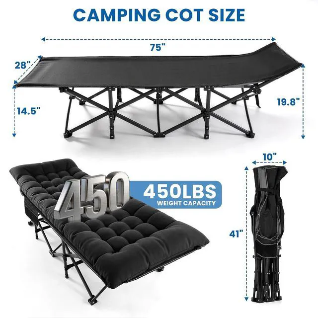 Alt view image 2 of 7 - Camping Cot for Adults, Heavy-Duty Folding Cots with Thick Mattress, 1200D Double-Layer Oxford Portable Compact Sleeping Bed for Indoor & Outdoor, Travel, Home Office Nap (Black Thick)