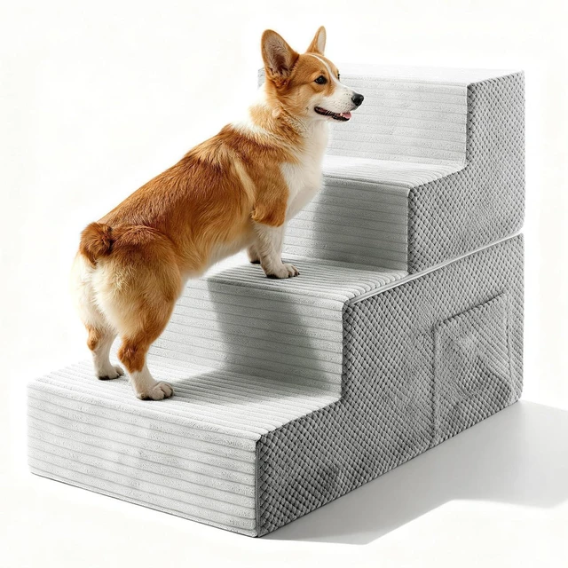 Main image of Dog Stairs for Small Dogs, 4-Step Dog Ramp for Bed 17.3" H, Dogs Steps for Bed, Couch, Pet Stairs with Non-Slip Bottom Design,High Density Foam Portable Pet Steps, Light Grey
