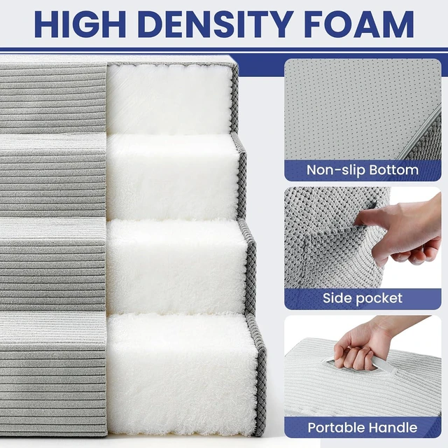 Alt view image 3 of 7 - Dog Stairs for Small Dogs, 4-Step Dog Ramp for Bed 17.3" H, Dogs Steps for Bed, Couch, Pet Stairs with Non-Slip Bottom Design,High Density Foam Portable Pet Steps, Light Grey