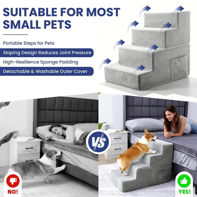 Alt view image 5 of 7 - Dog Stairs for Small Dogs, 4-Step Dog Ramp for Bed 17.3" H, Dogs Steps for Bed, Couch, Pet Stairs with Non-Slip Bottom Design,High Density Foam Portable Pet Steps, Light Grey