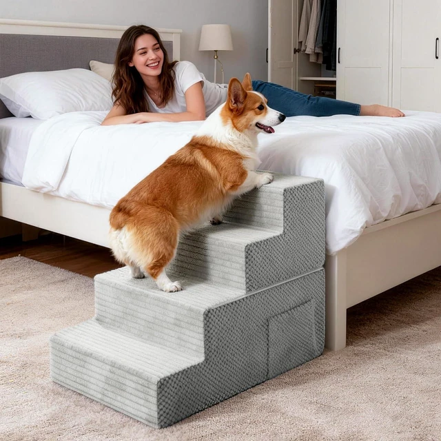 Alt view image 7 of 7 - Dog Stairs for Small Dogs, 4-Step Dog Ramp for Bed 17.3" H, Dogs Steps for Bed, Couch, Pet Stairs with Non-Slip Bottom Design,High Density Foam Portable Pet Steps, Light Grey
