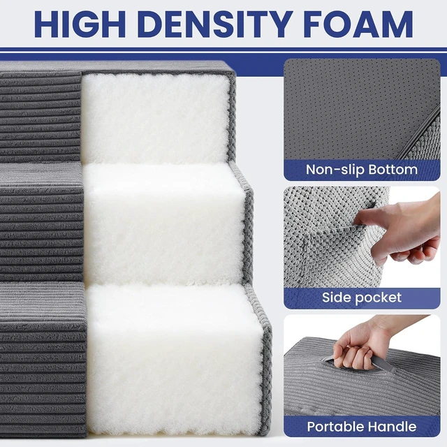 Alt view image 3 of 7 - Dog Stairs for Small Dogs, 3-Step Dog Ramp for Bed 13.7" H, Dogs Steps for Bed, Couch, Pet Stairs with Non-Slip Bottom Design,High Density Foam Portable Pet Steps, Grey