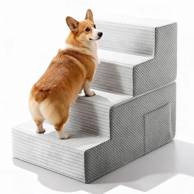 Main image of Pet Stairs for Small Dog, 4 Steps for Bed, Couch, Chair, Sofa with Side Pocket, Transformable Dog Ramp with Non-Slip Function, Grey