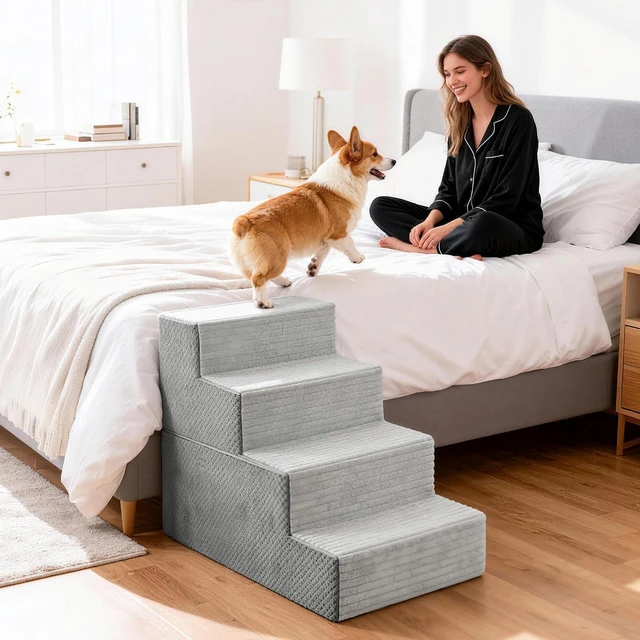 Alt view image 7 of 7 - Pet Stairs for Small Dog, 4 Steps for Bed, Couch, Chair, Sofa with Side Pocket, Transformable Dog Ramp with Non-Slip Function, Grey