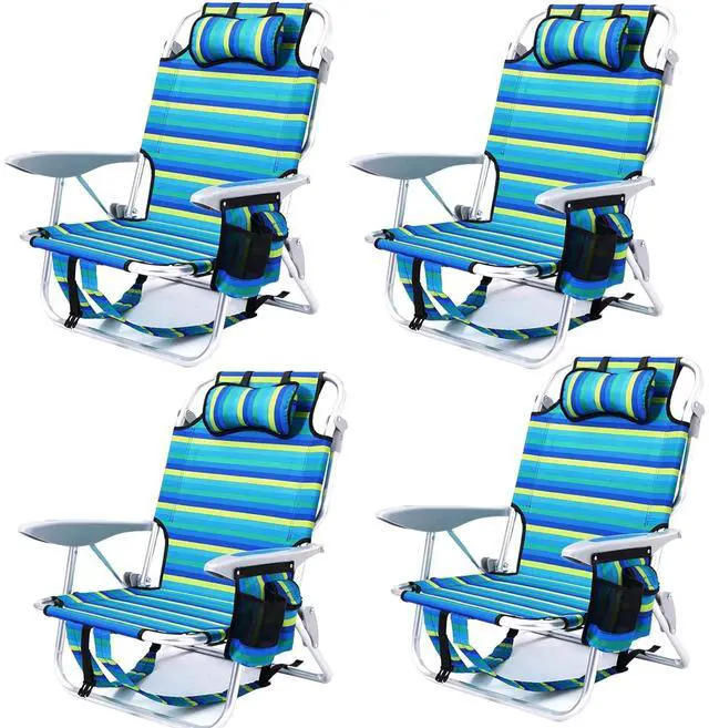 Main image of 4PC Portable Beach Chair for Adults, 5 Position Backpack Folding Camping Chairs for Outdoor, Beach Chairs with Backpack Straps, Striped