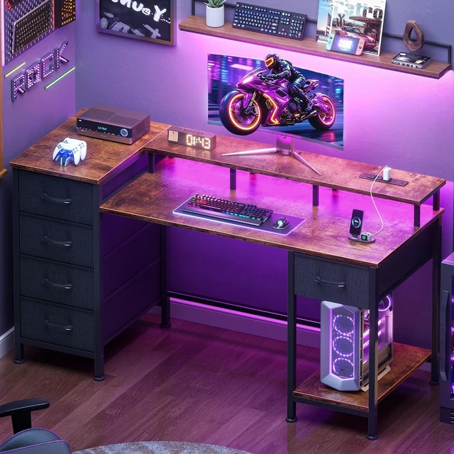 Alt view image 3 of 7 - Korfile 47 Inch Gaming Desk with Power Outlets and LED Lights, Reversible Computer Desk with 5 Fabric Storage Drawers, Home Office Desk with Monitor Stand for Working Writing Study, Rustic Brown