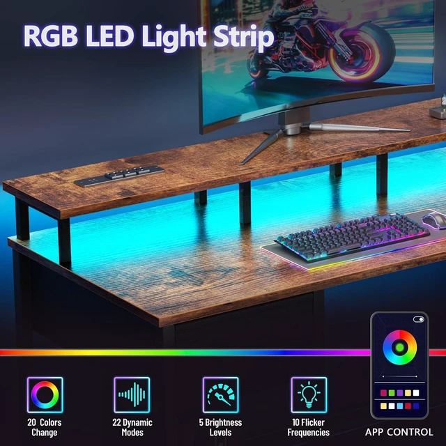 Alt view image 5 of 7 - Korfile 47 Inch Gaming Desk with Power Outlets and LED Lights, Reversible Computer Desk with 5 Fabric Storage Drawers, Home Office Desk with Monitor Stand for Working Writing Study, Rustic Brown