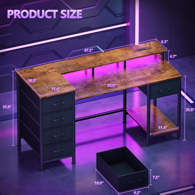 Alt view image 2 of 7 - Korfile 47 Inch Gaming Desk with Power Outlets and LED Lights, Reversible Computer Desk with 5 Fabric Storage Drawers, Home Office Desk with Monitor Stand for Working Writing Study, Rustic Brown