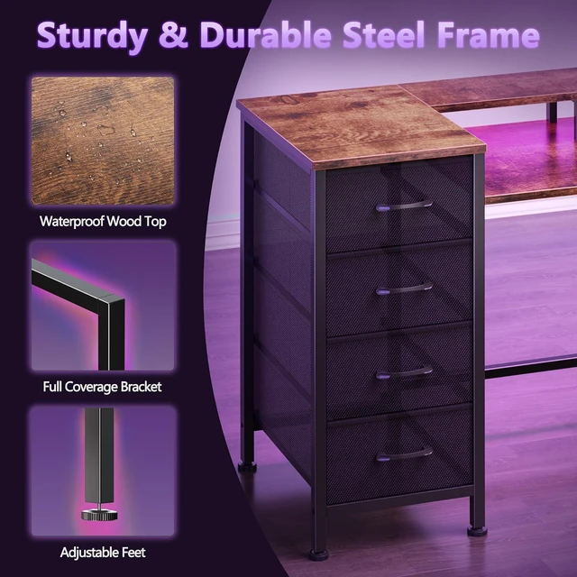 Alt view image 7 of 7 - Korfile 47 Inch Gaming Desk with Power Outlets and LED Lights, Reversible Computer Desk with 5 Fabric Storage Drawers, Home Office Desk with Monitor Stand for Working Writing Study, Rustic Brown