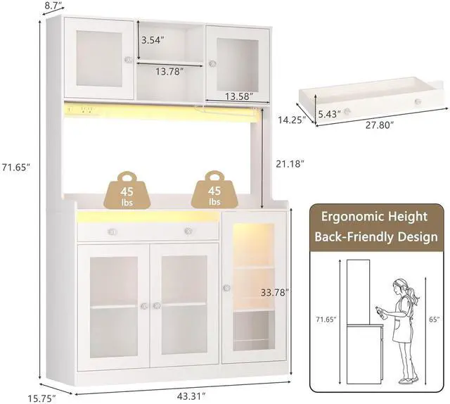 Alt view image 2 of 7 - Korfile 71" Pantry Cabinet, Tall Kitchen Pantry Cabinet with Charging Station & LED Light, Kitchen Hutch with Wine Rack, Pantry Storage Cabinets with Microwave Stand for Dining Room, White