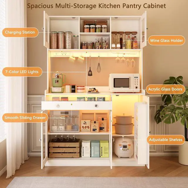 Alt view image 3 of 7 - Korfile 71" Pantry Cabinet, Tall Kitchen Pantry Cabinet with Charging Station & LED Light, Kitchen Hutch with Wine Rack, Pantry Storage Cabinets with Microwave Stand for Dining Room, White