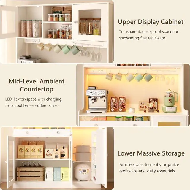 Alt view image 5 of 7 - Korfile 71" Pantry Cabinet, Tall Kitchen Pantry Cabinet with Charging Station & LED Light, Kitchen Hutch with Wine Rack, Pantry Storage Cabinets with Microwave Stand for Dining Room, White
