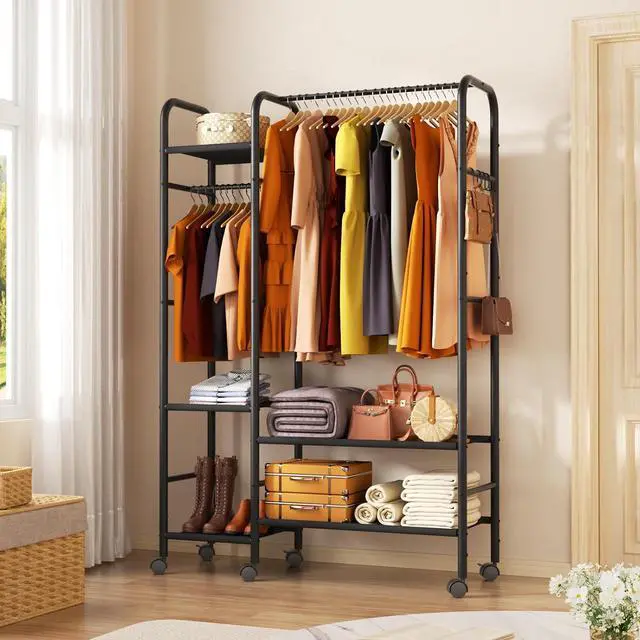 Alt view image 2 of 7 - Korfile Portable Closets For Hanging Clothes,Wardrobe Closet Racks For Hanging Clothes,Sturdy Clothes Rack Heavy Duty,5-Tier Metal Freestanding Clothing Racks With Shelves, 45" X 16" X 69"