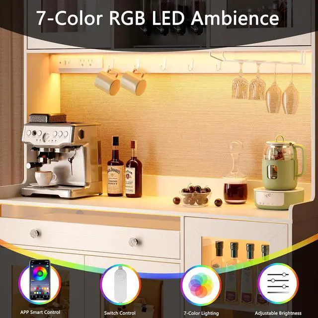 Alt view image 4 of 7 - Korfile 71" Pantry Cabinet, Tall Kitchen Pantry Cabinet with Charging Station & LED Light, Kitchen Hutch with Wine Rack, Pantry Storage Cabinets with Microwave Stand for Dining Room, White