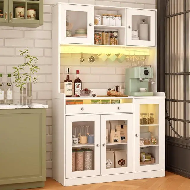 Alt view image 6 of 7 - Korfile 71" Pantry Cabinet, Tall Kitchen Pantry Cabinet with Charging Station & LED Light, Kitchen Hutch with Wine Rack, Pantry Storage Cabinets with Microwave Stand for Dining Room, White