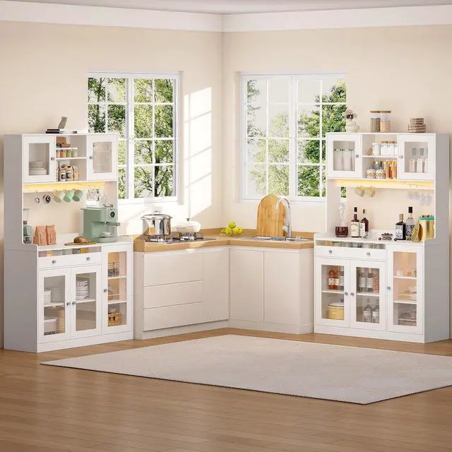 Alt view image 7 of 7 - Korfile 71" Pantry Cabinet, Tall Kitchen Pantry Cabinet with Charging Station & LED Light, Kitchen Hutch with Wine Rack, Pantry Storage Cabinets with Microwave Stand for Dining Room, White
