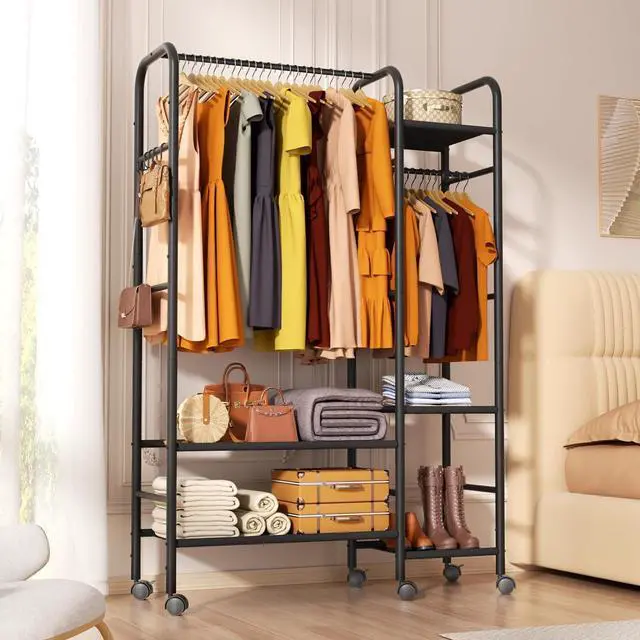 Alt view image 3 of 7 - Korfile Portable Closets For Hanging Clothes,Wardrobe Closet Racks For Hanging Clothes,Sturdy Clothes Rack Heavy Duty,5-Tier Metal Freestanding Clothing Racks With Shelves, 45" X 16" X 69"