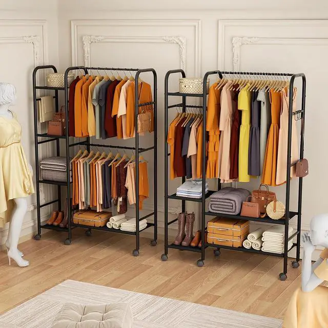 Alt view image 4 of 7 - Korfile Portable Closets For Hanging Clothes,Wardrobe Closet Racks For Hanging Clothes,Sturdy Clothes Rack Heavy Duty,5-Tier Metal Freestanding Clothing Racks With Shelves, 45" X 16" X 69"