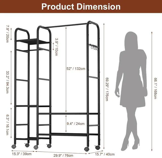 Alt view image 6 of 7 - Korfile Portable Closets For Hanging Clothes,Wardrobe Closet Racks For Hanging Clothes,Sturdy Clothes Rack Heavy Duty,5-Tier Metal Freestanding Clothing Racks With Shelves, 45" X 16" X 69"